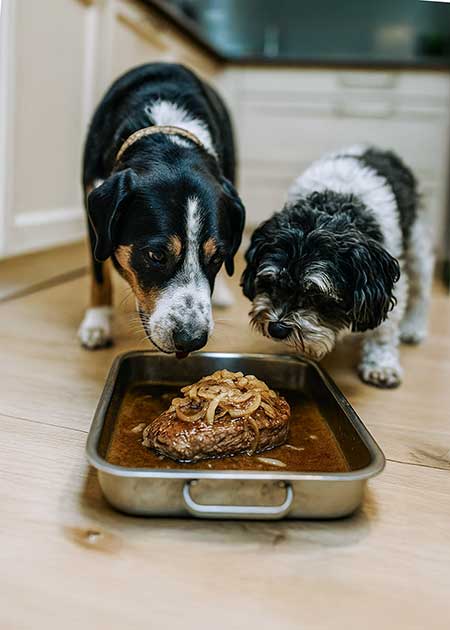 zwei Hunde fressen Zwiebelrostbraten in der Küche. Eine Zwiebel-Vergiftung droht.