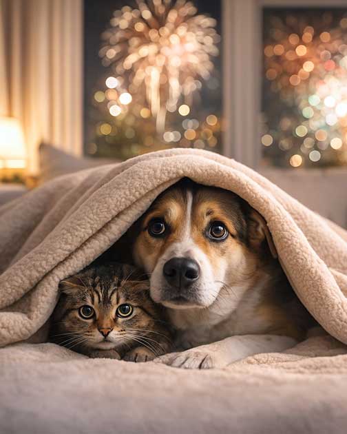 Hund und Katze haben Angst vor Silvester; Feuerwerk im Hintergrund.